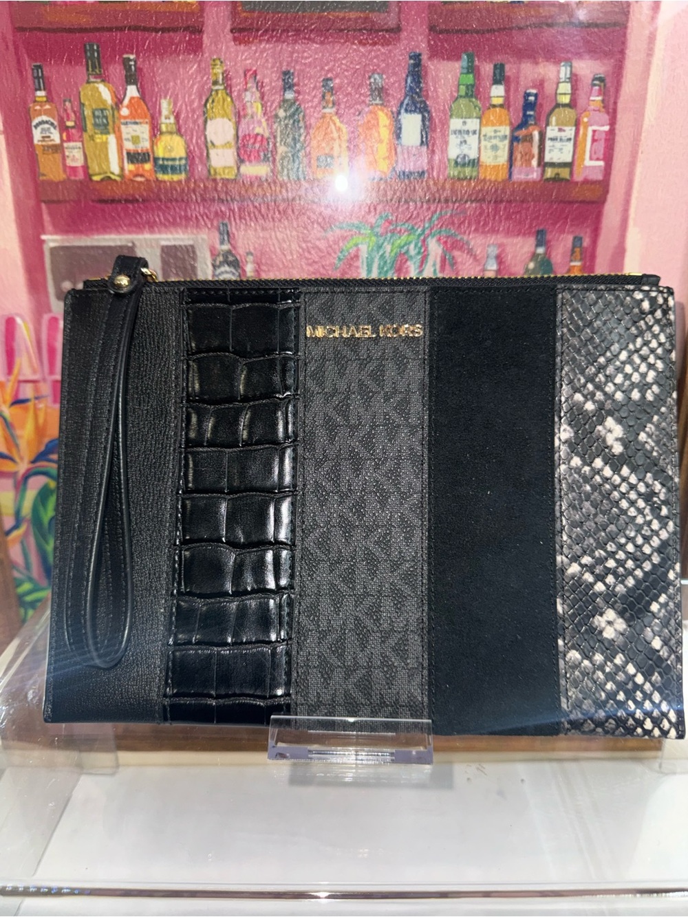NWOT Michael Kors Leather, Croc & Suede Patchwork LARGE Wristlet 9”x7”